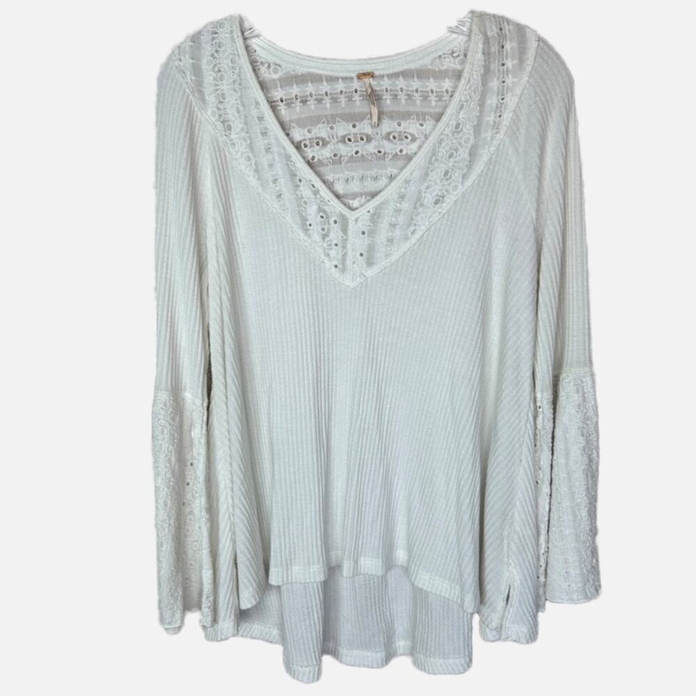Free People Boho Fairy Peasant Eyelet Bell Sleeve V Neck Top - WHITE